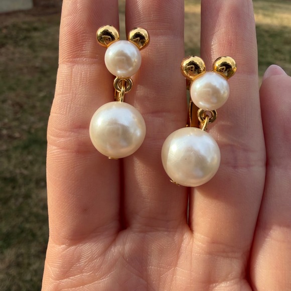Napier Jewelry - Napier Disney Mickey Mouse Faux Pearl Drop Earrings Gold Tone Screw Back Vintage